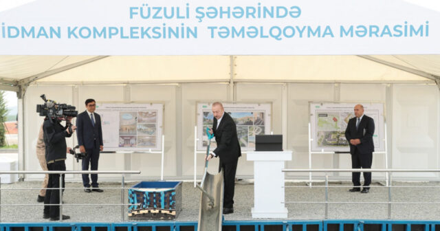 Prezident İlham Əliyev Füzuli şəhərində idman kompleksinin təməlini qoyub – FOTO