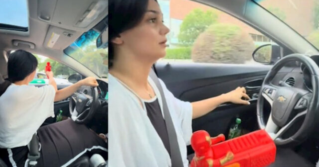 Bloger xanım yenə qayda pozur, əlini sükandan çəkib oyuncaq tapança ilə görün nələr edir — VİDEO