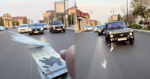 Toy karvanında “avtoş”luq edib yola pul səpdilər – VİDEO