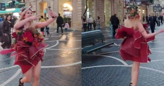 Bakının mərkəzində qəribə geyimdə gəzən qız kimdir? – VİDEO Bakının mərkəzində qəribə geyimdə gəzən qız kimdir? – VİDEO